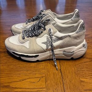 Golden Goose Running White and Gray Sneaker with Leopard Laces